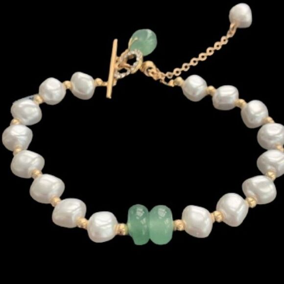 Mason & Madison Faux Pearl Bracelet with Faux Jade Charm Adjustable - Great Gift